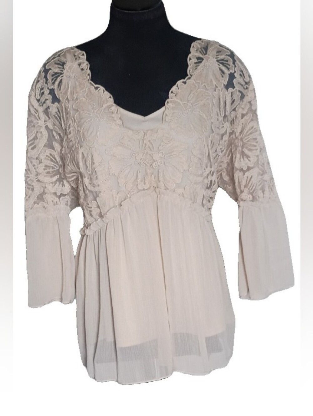 Cato Cream Lace Yoke Pleated Peasant Blouse - Picture 1 of 9